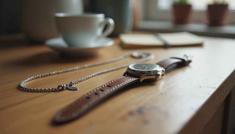 Silver necklace and leather watch strap on wooden dresser