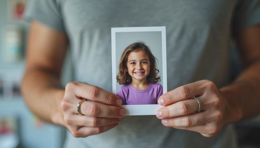 Hands holding a school photo of a happy child in a purple unicorn shirt