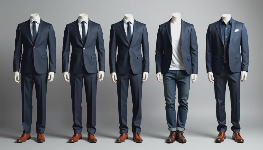 Grid showing five ways to wear the same navy suit