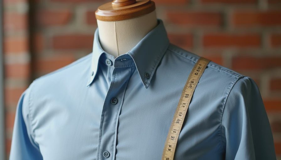 Tailor's mannequin with measuring tape and oxford shirt showing collar fit details