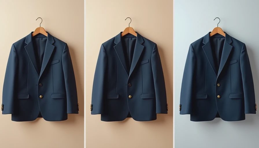 Grid showing navy jacket under natural daylight, warm light, and fluorescent light