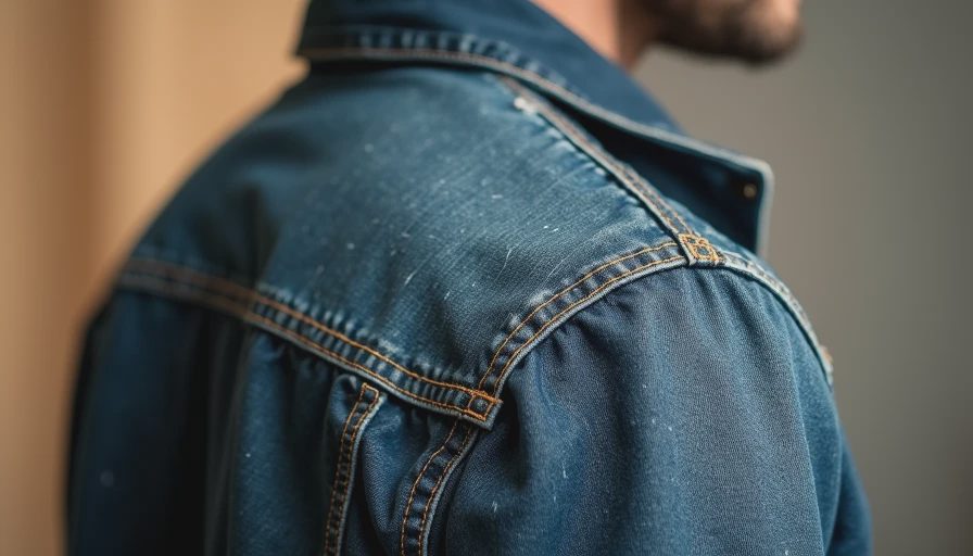 Demonstration of correct shoulder seam fit on a casual trucker jacket