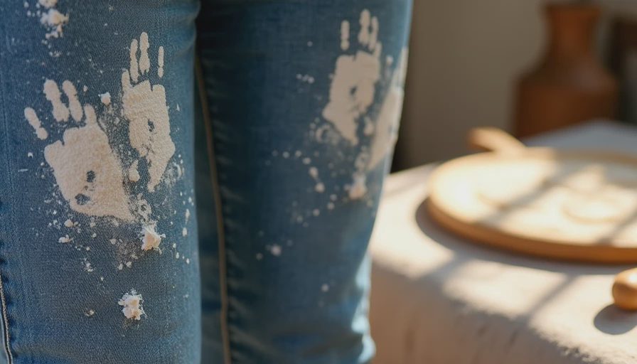 Close-up of flour-covered jeans from pizza making activity