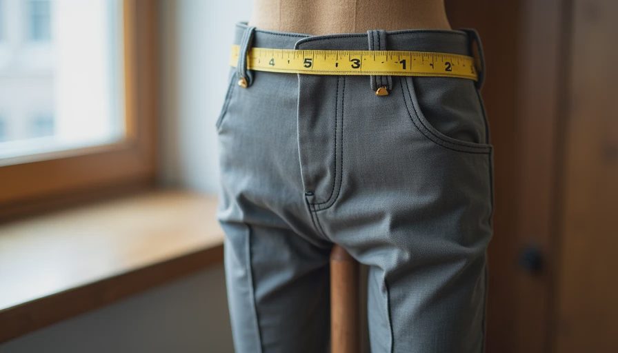 Mannequin in gray trousers showing proper hem break and thigh fit with measuring tape
