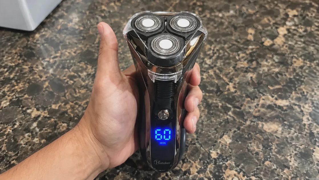 The Hatteker Electric Shaver Rotary Razor shows the charge as a percentage. The Hatteker Electric Shaver Rotary Razor shows the charge as a percentage.