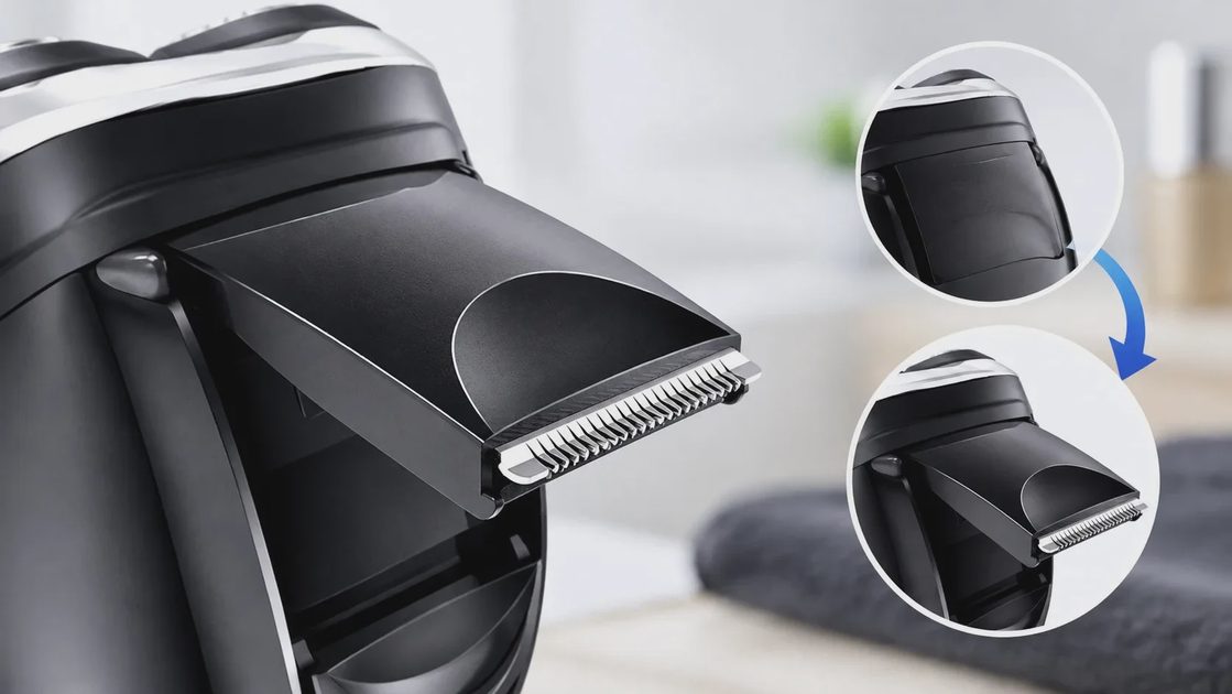 The pop-up trimmer Flip the switch on the back and a small straight trimmer pops up.